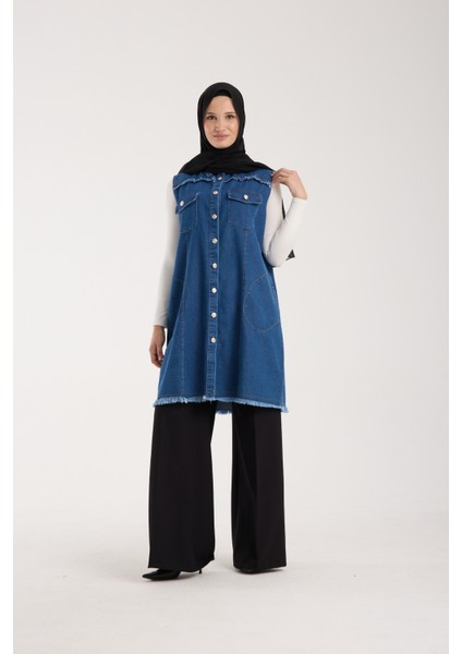 Kadın Tesettür Kot Yarım Kol Yelek, Detaylı Düğmeli Uzun Denim Kap, Rahat ve Şık Günlük Moda