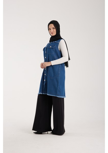 Kadın Tesettür Kot Yarım Kol Yelek, Detaylı Düğmeli Uzun Denim Kap, Rahat ve Şık Günlük Moda fiyatları