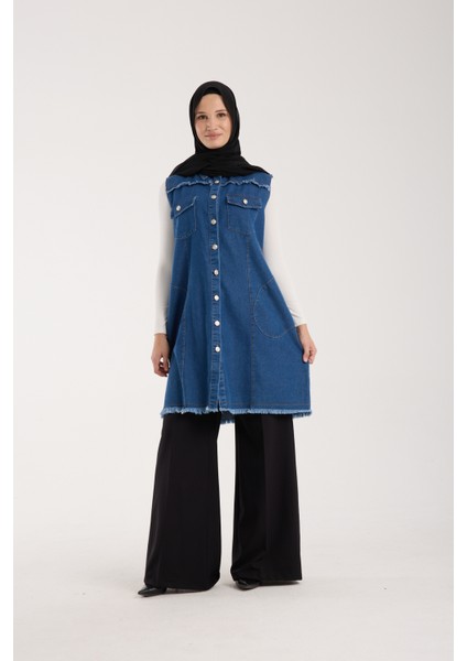 Kadın Tesettür Kot Yarım Kol Yelek, Detaylı Düğmeli Uzun Denim Kap, Rahat ve Şık Günlük Moda fırsatları