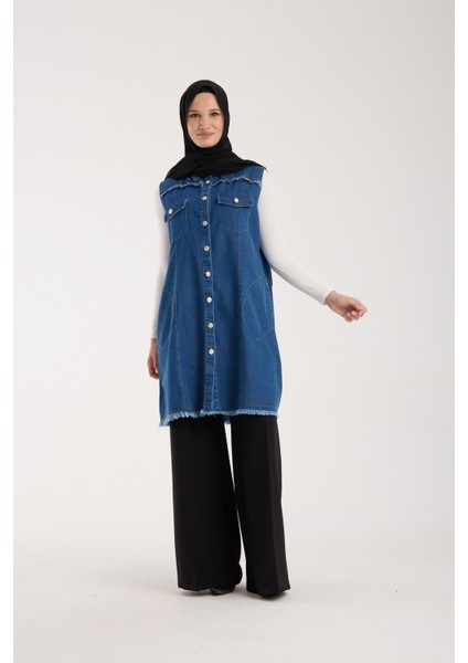 Kadın Tesettür Kot Yarım Kol Yelek, Detaylı Düğmeli Uzun Denim Kap, Rahat ve Şık Günlük Moda indirimleri