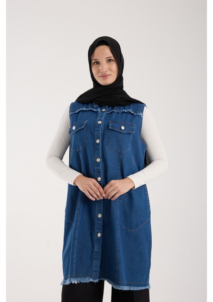 Kadın Tesettür Kot Yarım Kol Yelek, Detaylı Düğmeli Uzun Denim Kap, Rahat ve Şık Günlük Moda