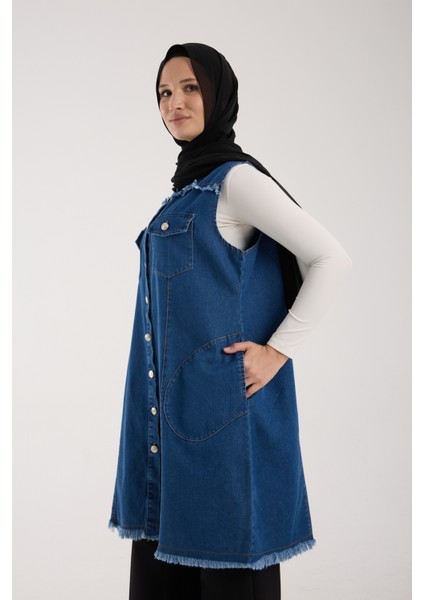 Kadın Tesettür Kot Yarım Kol Yelek, Detaylı Düğmeli Uzun Denim Kap, Rahat ve Şık Günlük Moda