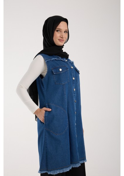 Kadın Tesettür Kot Yarım Kol Yelek, Detaylı Düğmeli Uzun Denim Kap, Rahat ve Şık Günlük Moda