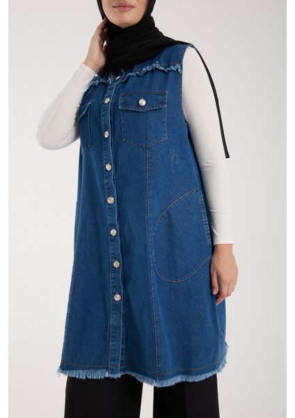 Kadın Tesettür Kot Yarım Kol Yelek, Detaylı Düğmeli Uzun Denim Kap, Rahat ve Şık Günlük Moda