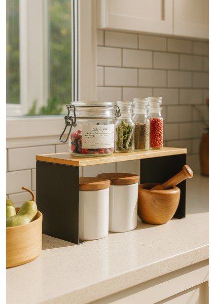 Metal Ayaklı Doğal Ahşap Tezgahüstü Mutfak Düzenleyici Raf - Baharatlık ve Saklama Rafı fırsatları