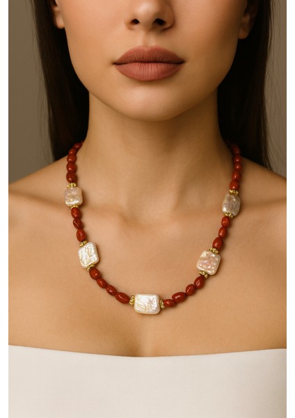 Gerçek Inci ve Doğal Jasper Taşlı El Yapımı Kolye