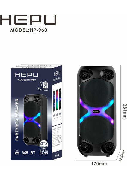 HP-960 Rgb Işıklı 2x4'' 2X10CM Bluetooth USB Müzik Kutusu