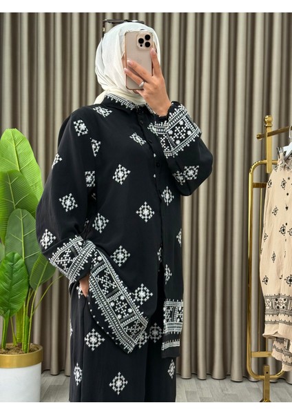 Kadın 2’li Takım Siyah Nakışlı Etnik Desenli | Şık ve Rahat Kombin fiyatları