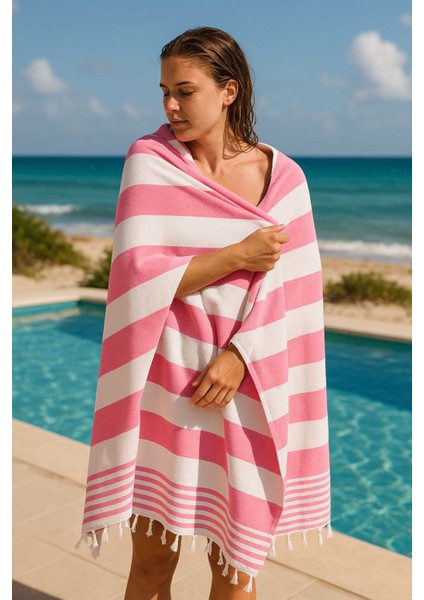 Mimoza Unisex Peştemal Plaj Havlusu 100X180 cm &#37;100 Pamuklu Soft Pembe-Açık Pembe