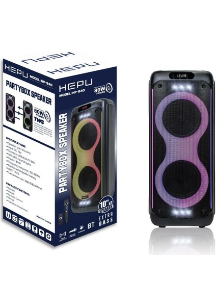 HP-940 2X10'' 2X25CM Kablosuz 1 El Mikrofon Bluetooth Şarjlı Müzik Kutusu