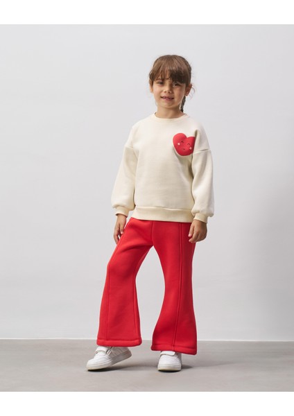 Kız Çocuk Pamuklu Ekru Kalpli Sweatshirt Kırmızı İspanyol Paça Eşofman Alt Takım fiyatları