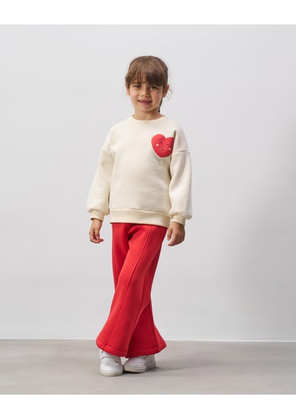 Kız Çocuk Pamuklu Ekru Kalpli Sweatshirt Kırmızı İspanyol Paça Eşofman Alt Takım modelleri