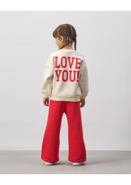 Kız Çocuk Pamuklu Ekru Kalpli Sweatshirt Kırmızı İspanyol Paça Eşofman Alt Takım fırsatları