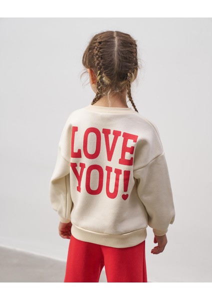 Kız Çocuk Pamuklu Ekru Kalpli Sweatshirt Kırmızı İspanyol Paça Eşofman Alt Takım indirimleri