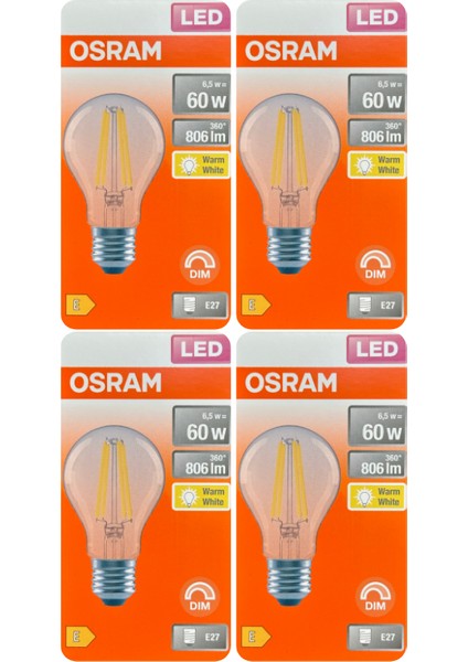 (4 adet) Osram 6,5W (60W) 2700K (Sarı Işık) Dim Edilebilir E27 Duylu (Kalın Duy) LED Şeffaf Ampul