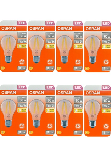 (8 adet) Osram 6,5W (60W) 2700K (Sarı Işık) Dim Edilebilir E27 Duylu (Kalın Duy) LED Şeffaf Ampul
