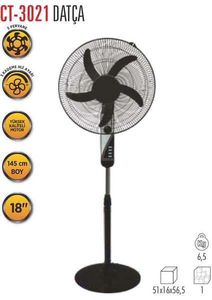 CT-3021 45 cm 5 Pervaneli 50 Watt 3 Kademe 145 cm Ayaklı Vantilatör