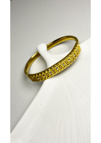 Altın Kaplama Zirkon Taşlı Çelik Bileklik