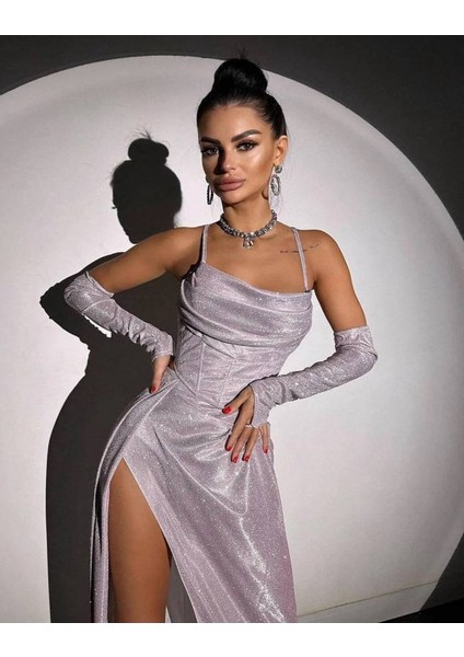 Simli Sandy Kumaş Eldiven Detaylı Askılı ve Derin Yırtmaçlı Parti Düğün Davet Mezuniyet Kına Elbisesi fırsatları