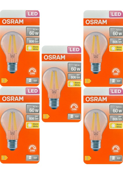 (5 adet) Osram 6,5W (60W) 2700K (Sarı Işık) Dim Edilebilir E27 Duylu (Kalın Duy) LED Şeffaf Ampul