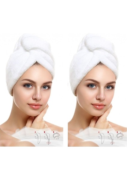 2 Adet Beyaz Mikrofiber Düğmeli Lastikli Banyo Pilaj Havuz Saç Bonesi Saç Havlusu