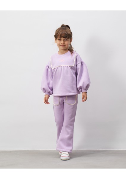 Kız Çocuk Pamuklu Lila Inci Detaylı Sweatshirt Eşofman Takımı - Balon Kol modelleri