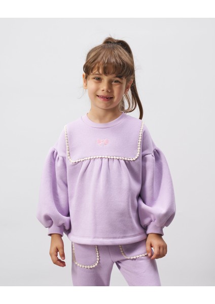 Kız Çocuk Pamuklu Lila Inci Detaylı Sweatshirt Eşofman Takımı - Balon Kol fırsatları