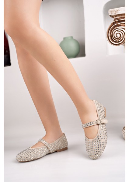 Kadın Baretli Bej Taşlı Günlük Babet Ayakkabı modelleri