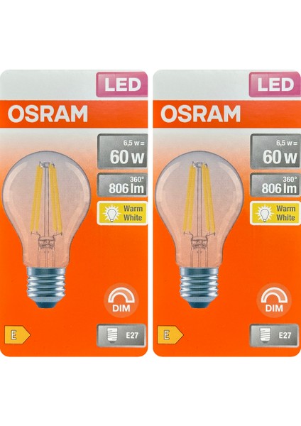 (2 adet) Osram 6,5W (60W) 2700K (Sarı Işık) Dim Edilebilir E27 Duylu (Kalın Duy) LED Şeffaf Ampul