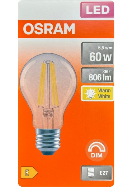 (2 adet) Osram 6,5W (60W) 2700K (Sarı Işık) Dim Edilebilir E27 Duylu (Kalın Duy) LED Şeffaf Ampul fiyatları