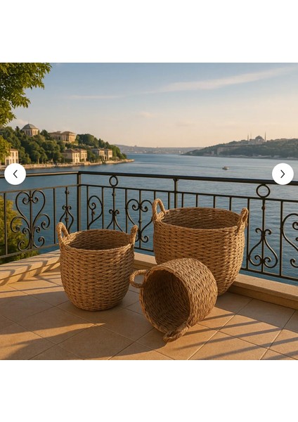 Naturel Hasır Sepet - Dekoratif Sepet Kulplu