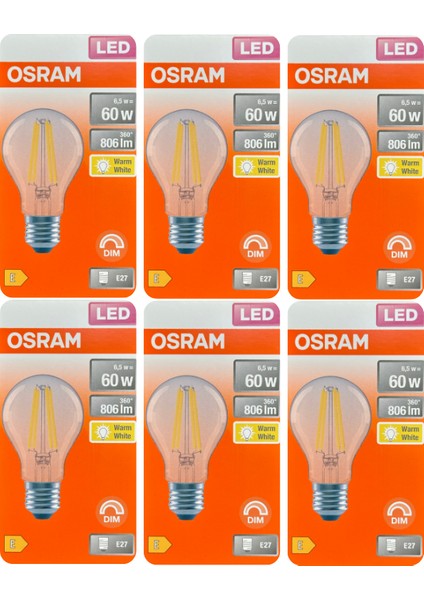 (6 adet) Osram 6,5W (60W) 2700K (Sarı Işık) Dim Edilebilir E27 Duylu (Kalın Duy) LED Şeffaf Ampul