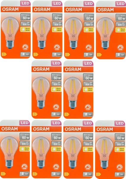 (10 adet) Osram 6,5W (60W) 2700K (Sarı Işık) Dim Edilebilir E27 Duylu (Kalın Duy) LED Şeffaf Ampul