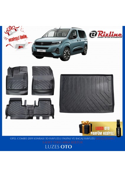 Opel Combo 3D Havuzlu Paspas (3 Adet Tekli Arka Koltuk) ve Bagaj Havuzu Bagaj Demirli 2023 Model Uyumlu