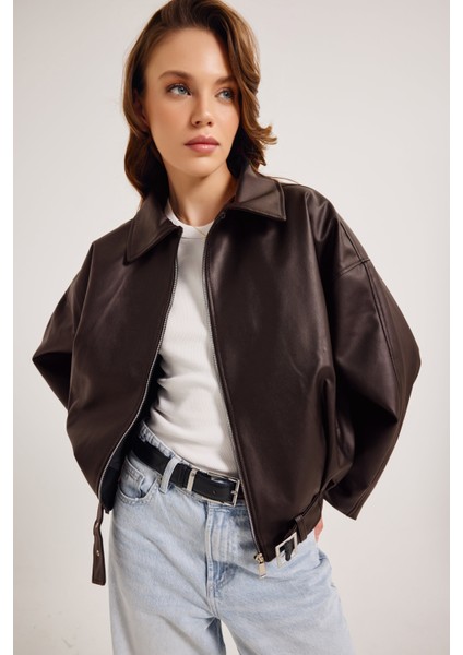 Kadın Yeni Sezon Oversize Bomber Deri Ceket