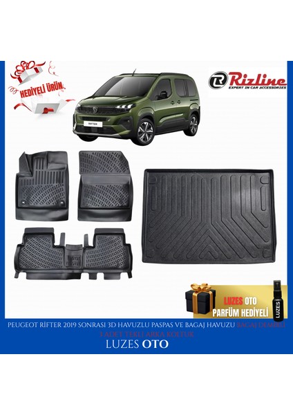Peugeot Rifter 3D Havuzlu Paspas (3 Adet Tekli Arka Koltuk) ve Bagaj Havuzu Bagaj Demirli 2019 Model Uyumlu