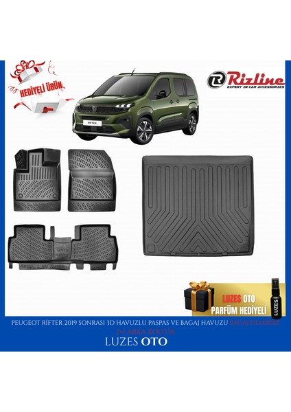 Peugeot Rifter 3D Havuzlu Paspas (2+1 Arka Koltuk) ve Bagaj Havuzu Bagaj Demirsiz 2019-2025 Model Uyumlu