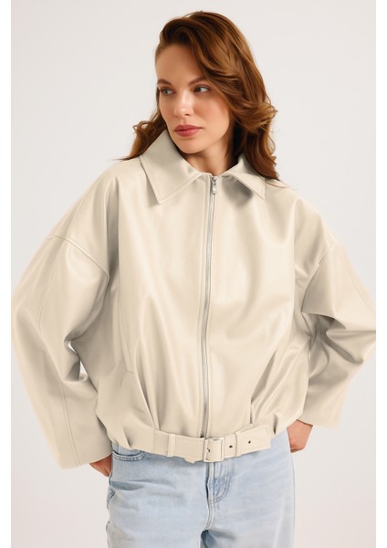 Kadın Yeni Sezon Oversize Bomber Deri Ceket