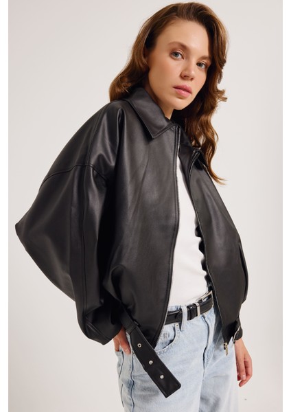 Kadın Yeni Sezon Oversize Bomber Deri Ceket