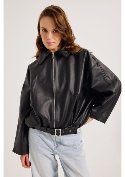 Kadın Yeni Sezon Oversize Bomber Deri Ceket fırsatları