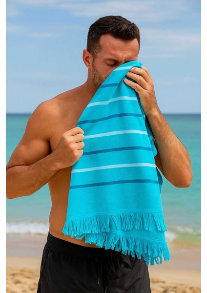 Peştemal Plaj Havlusu &#37;100 Pamuklu 70X150 cm Turkuaz Waves