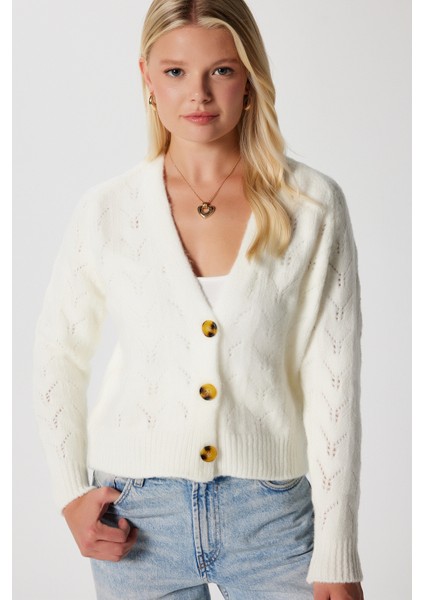 Kadın Estelle Ajurlu/delikli Ekru Triko Hırka