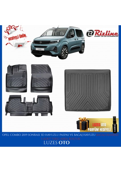 Opel Combo 3D Havuzlu Paspas (3 Adet Tekli Arka Koltuk) ve Bagaj Havuzu Bagaj Demirsiz 2022 Model Uyumlu