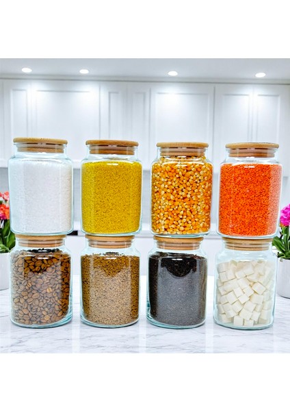 8'li Ahşap Vakum Kapaklı 800 ml Cam Bakliyat Saklama Kavanozu Seti Etiket Hediyeli