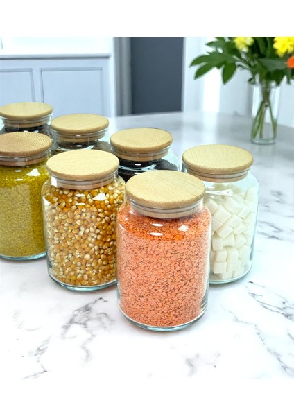 8'li Ahşap Vakum Kapaklı 800 ml Cam Bakliyat Saklama Kavanozu Seti Etiket Hediyeli modelleri