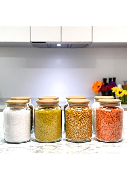 8'li Ahşap Vakum Kapaklı 800 ml Cam Bakliyat Saklama Kavanozu Seti Etiket Hediyeli