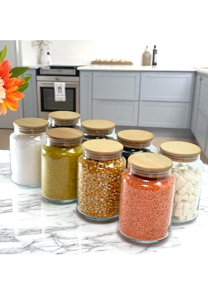 8'li Ahşap Vakum Kapaklı 800 ml Cam Bakliyat Saklama Kavanozu Seti Etiket Hediyeli