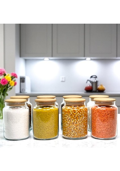 8'li Ahşap Vakum Kapaklı 800 ml Cam Bakliyat Saklama Kavanozu Seti Etiket Hediyeli