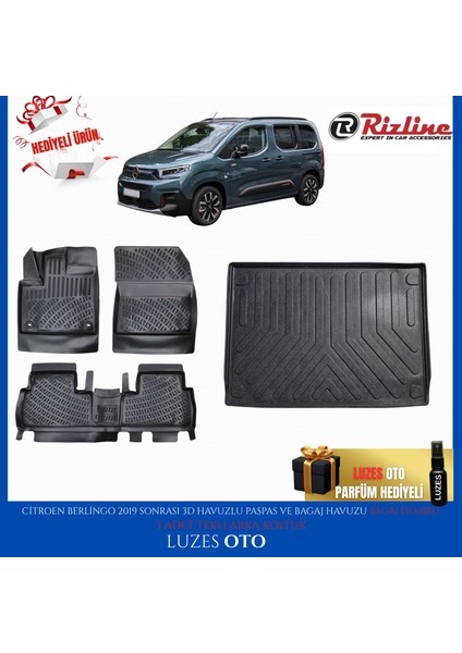 Citroen Berlingo 3D Havuzlu Paspas (3 Adet Tekli Arka Koltuk) ve Bagaj Havuzu Bagaj Demirli 2021 Model Uyumlu