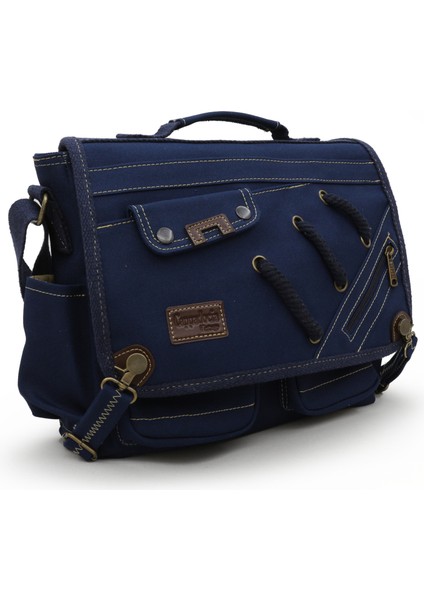 4017 Lacivert 14" Laptop Kanvas Postacı Okul Çantası Unisex Kilitli Çok Cepli Omuz Askılı